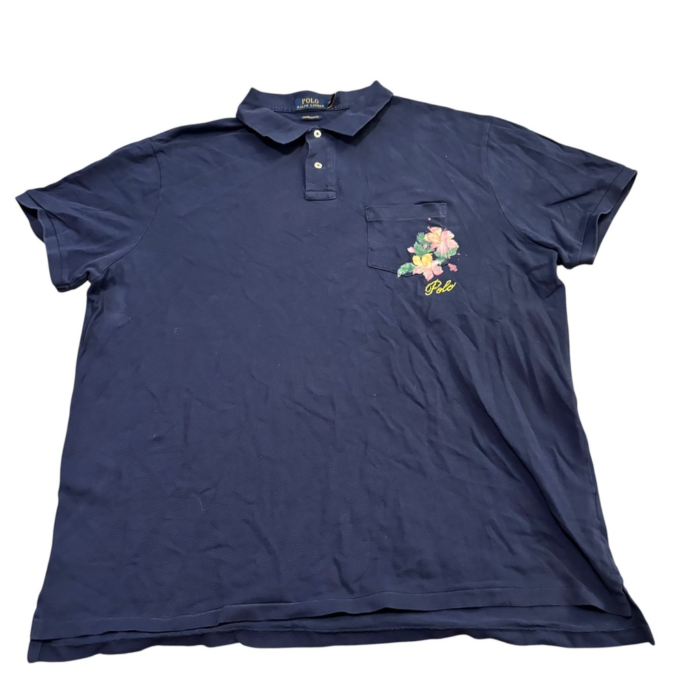 Polo Ralph Lauren Mens XXL Navy Blue Floral Hibiscus Custom Slim Fit Polo Shirt